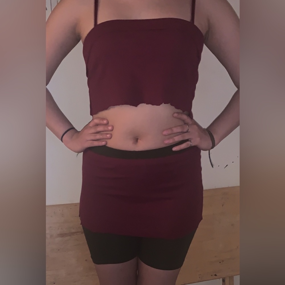 Burgundy crop top and micro skirt set